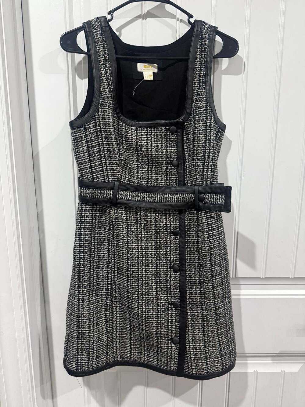 Maeve Anthropologie Tweed Belted Dress Faux Leather Trim Preppy US 6 Black White - Picture 2 of 8